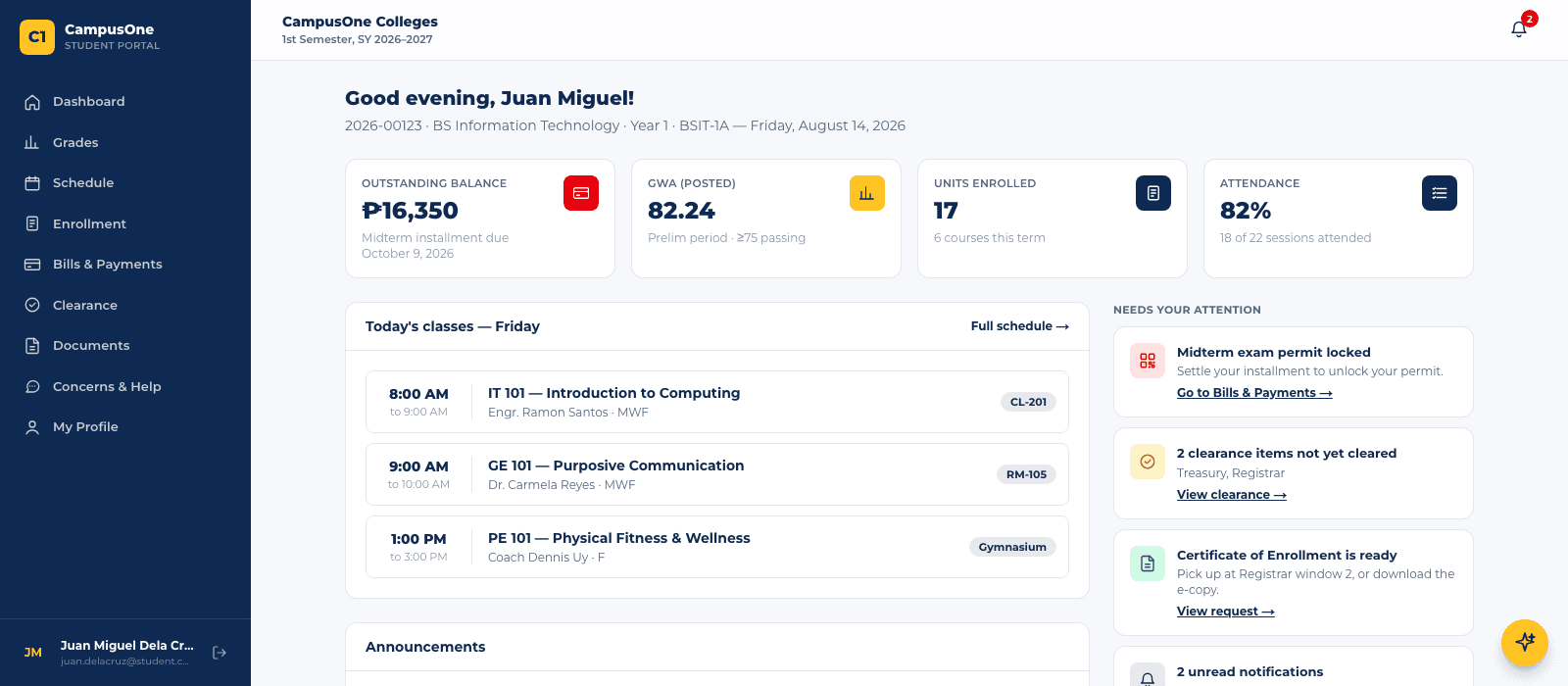 Autom8 Campus Site: Student dashboard