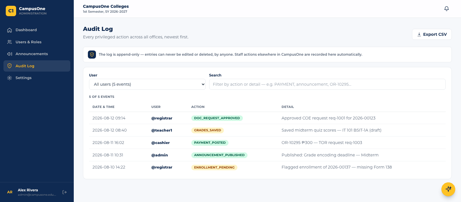 Autom8 Campus Site: Audit log