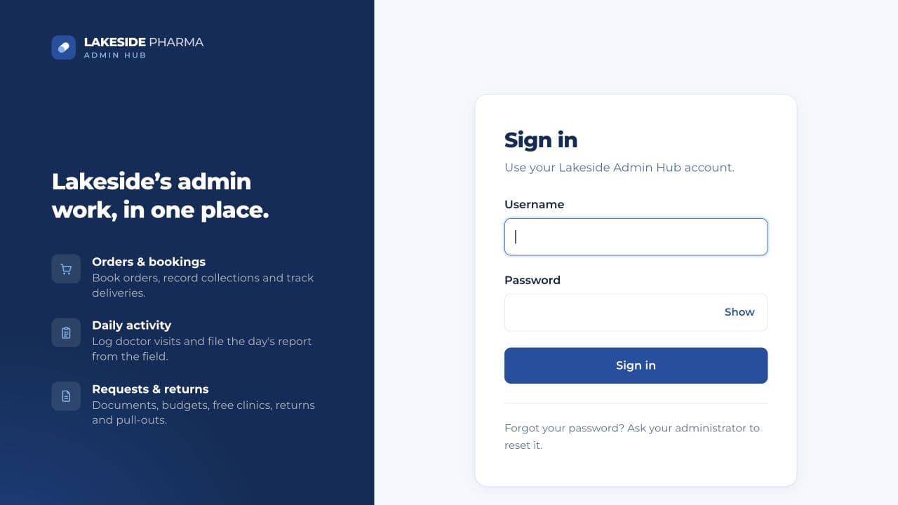 Lakeside Admin Hub: Staff sign-in