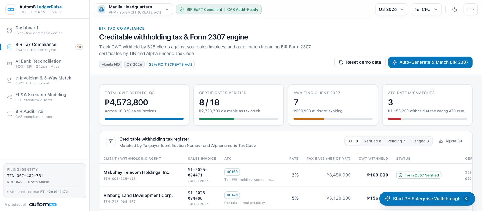 Autom8 LedgerPulse PH: BIR tax compliance