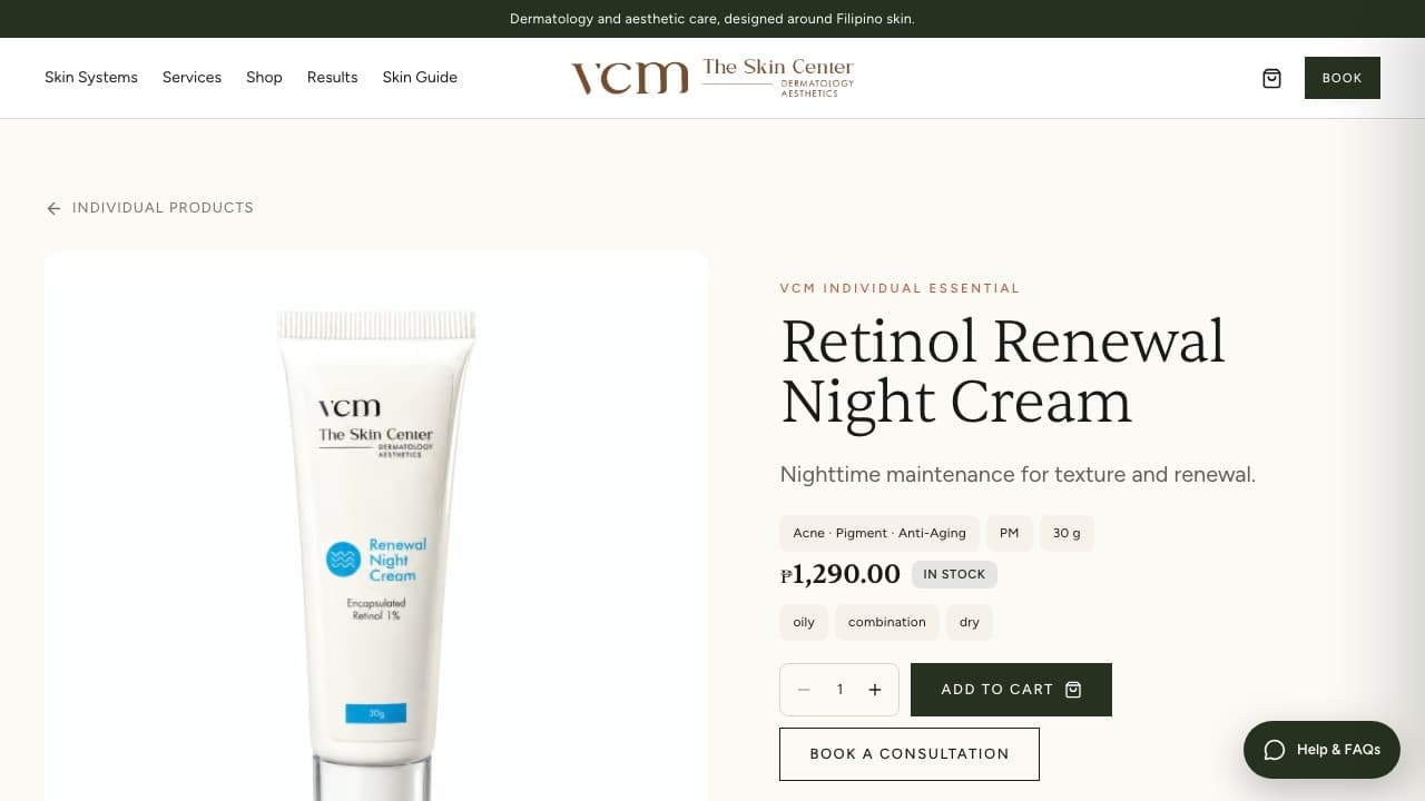 VCM The Skin Center: Product page